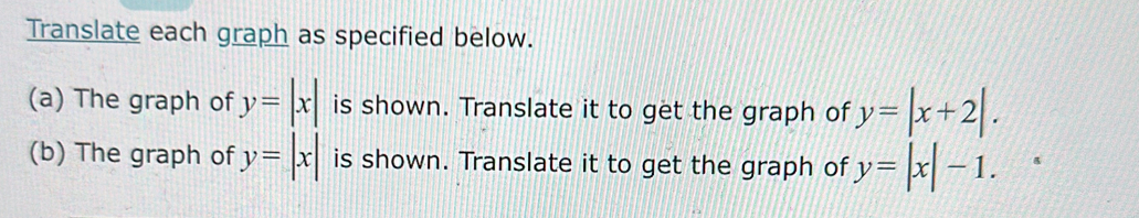 Translate each graph as specified below. 
(a) The graph of y=|x| is shown. Translate it to get the graph of y=|x+2|. 
(b) The graph of y=|x| is shown. Translate it to get the graph of y=|x|-1.
