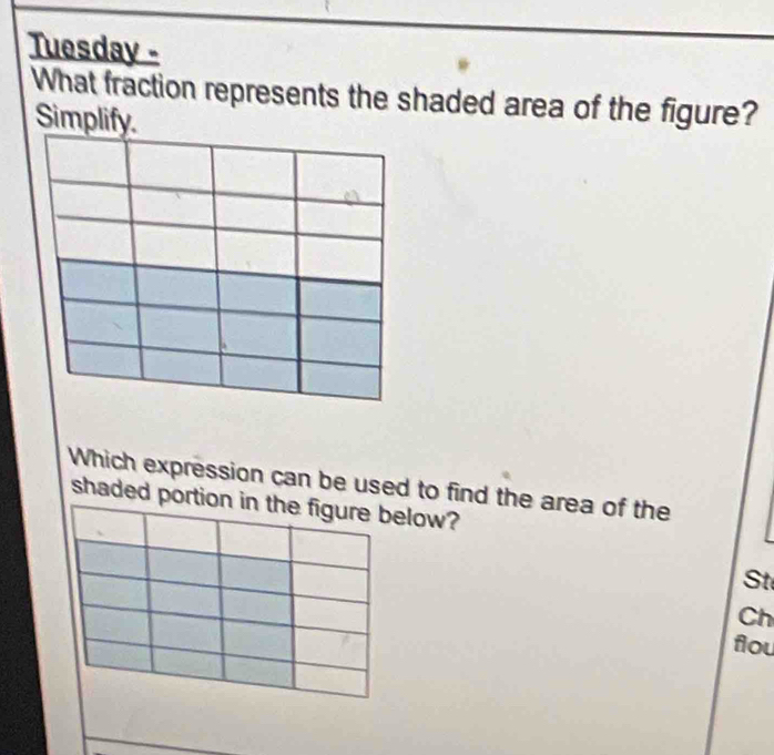 Tuesday - 
What fraction represents the shaded area of the figure? 
Simplify. 
Which expression can be used to find the area of the 
shaded portion in the figure below? 
St 
Ch 
flou