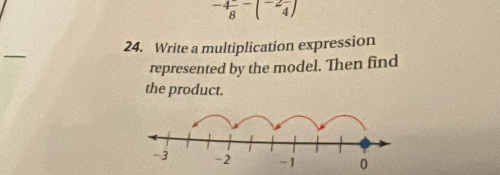 -4frac 8-(-2frac 4)
24. Write a multiplication expression 
represented by the model. Then find 
the product.