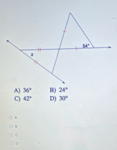 54°
x
A) 36° B) 24°
C) 42° D) 30°
A
B
C
D