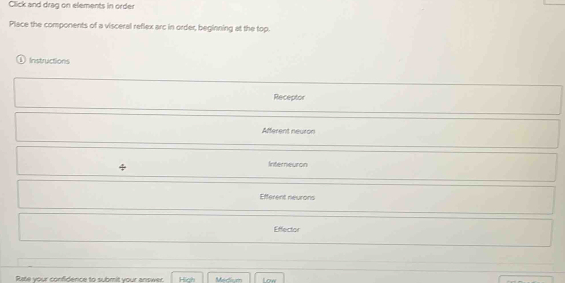 Click and drag on elements in order
Place the components of a visceral reflex arc in order, beginning at the top.
Instructions
Receptor
Afferent neuron
Interneuron
Efferent neurons
Effector
Rate your confidence to submit your answer High Medium Low