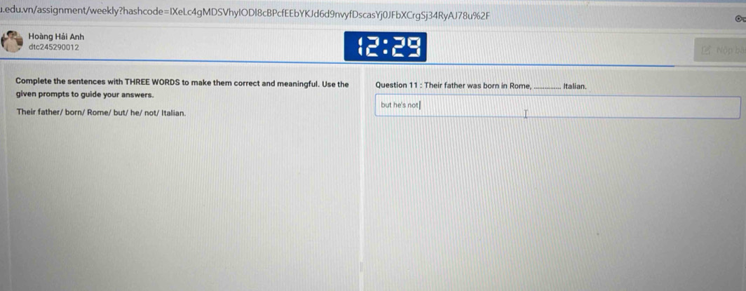 Hoàng Hải Anh
dtc245290012 12:29 L Nộp bài
Complete the sentences with THREE WORDS to make them correct and meaningful. Use the Question 11 : Their father was born in Rome,_ Italian.
given prompts to guide your answers.
but he's not|
Their father/ born/ Rome/ but/ he/ not/ Italian.