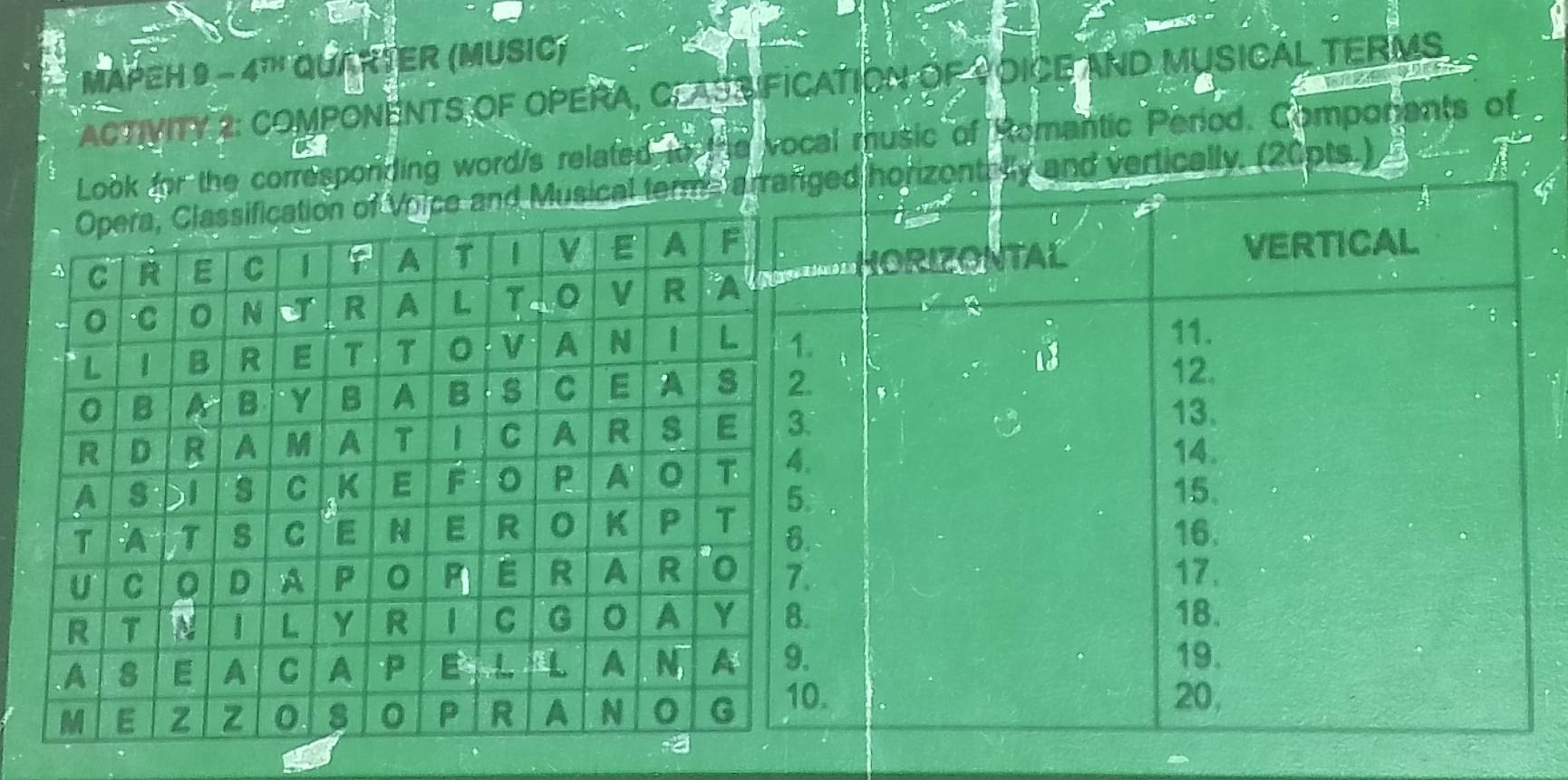 APEH 9 - 4''' QUARTER (MUSIC) 

ACTIVITY 2: COMPONENTS OF OPERA, CLASSIFICATION OF POICE AND MUSICAL TERMS 
Look for the corresponding word/s related vocal music of Romantic Period. Componants of 
ical terms 20pts.)