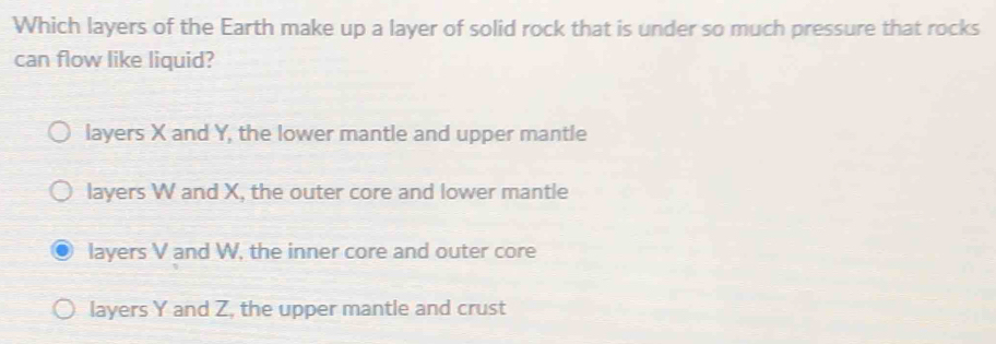 Which layers of the Earth make up a layer of solid rock that is under so much pressure that rocks
can flow like liquid?
layers X and Y, the lower mantle and upper mantle
layers W and X, the outer core and lower mantle
layers V and W, the inner core and outer core
layers Y and Z, the upper mantle and crust