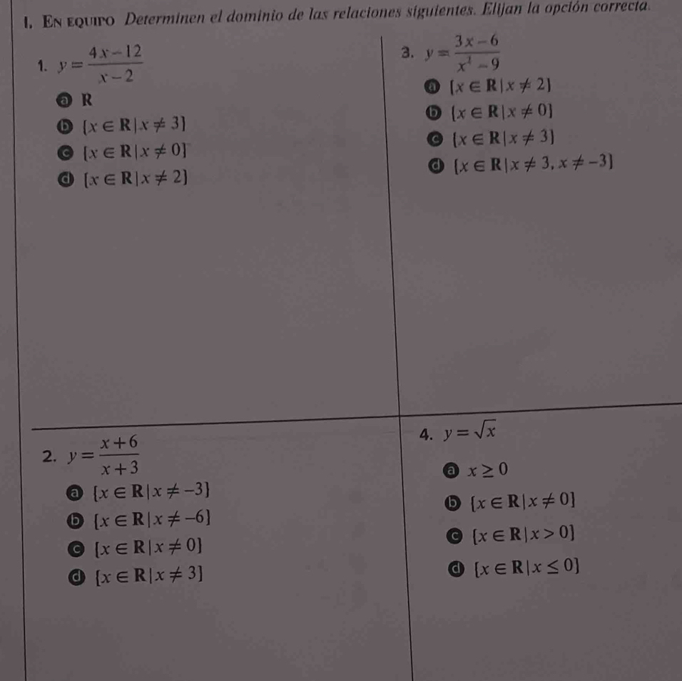 En equipo Determinen el dominio de las relaciones siguientes. Elijan la opción correcta.