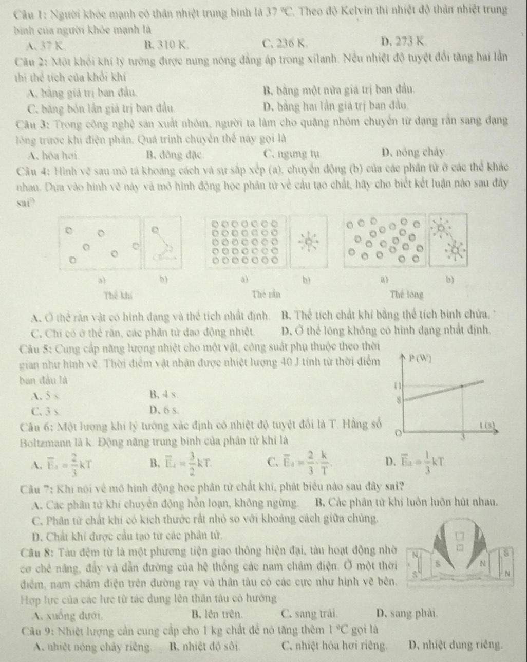 Người khóc mạnh có thân nhiệt trung binh là 37°C Theo độ Kelvin thi nhiệt độ thân nhiết trung
binh của người khỏc mạnh là
A. 37 K. B. 310 K. C. 236 K. D. 273 K.
Câu 2: Một khối khí lý tướng được nung nóng đẳng áp trong xilanh. Nếu nhiệt độ tuyệt đổi tăng hai lần
thi thể tích của khối khí
A. bằng giá trị ban đầu. B. bằng một nữa giá trị ban đầu.
C. băng bón lần giá trị ban đầu. D. bằng hai lần giá trị ban đầu.
Câu 3: Trong công nghệ sản xuất nhỏm, người ta làm cho quặng nhỏm chuyển từ dạng rắn sang đạng
lông trước khí điện phản. Quả trình chuyển thế này gọi là
A. hóa hơi B. đông đặc C. ngưng tu D. nóng cháy
Cầu 4: Hình vẽ sau mô tả khoang cách và sự sắp xếp (a), chuyển động (b) của các phần tử ở các thể khác
nhau. Dựa vào hình vẽ này và mô hình động học phân tử về cầu tạo chất, hãy cho biết kết luận nào sau đây
sai?
。 Q
O C
。
。
b)
a) b) a) b)
Thể khi The rần Thể lóng
A. Ở thể rấn vật có hình đạng và thể tích nhất định. B. Thể tích chất khỉ bằng thể tích binh chửa.
C. Chỉ có ở thể rấn, các phân tử đao động nhiệt. D. Ở thể lông không có hình dạng nhất định,
Câu 5: Cung cấp năng lượng nhiệt cho một vật, công suất phụ thuộc theo thời
gian như hình vẽ. Thời điểm vật nhận được nhiệt lượng 40 J tính từ thời điểm
ban đầu là
A. 5 s B. 4 s.
C. 3 s D. 6 s.
Câu 6: Một lượng khí lý tướng xác định có nhiệt độ tuyệt đối là T. Hằng số
Boltzmann là k. Động năng trung binh của phân tử khi là
A, overline E_4= 2/3 kT B、 overline E_4= 3/2 kT. C. overline E_aapprox  2/3 ·  k/T , D. overline E_a= 1/3 kT
Câu 7: Khí nói về mô hình động học phân tử chất khí, phát biểu nào sau đây sai'?
A. Các phân tử khí chuyển động hỗn loạn, không ngừng. B. Các phân tử khị luôn luôn hút nhau,
C. Phân từ chất khí có kích thước rất nhỏ so với khoảng cách giữa chủng.
D. Chất khí được cầu tạo từ các phân tử.
Câu 8: Tàu đệm từ là một phương tiện giao thông hiện đại, tàu hoạt động nhờ
beginarrayr □  □ endarray
cơ ché năng, đẩy và dẫn đường của hệ thống các nam châm điện. Ở một thời
N
N
điểm, nam châm điện trên đường ray và thân tâu có các cực như hình vệ bên.
Hợp lực của các lực từ tác dụng lên thân tâu có hướng
A. xuống dưới, B, lên trên. C. sang trải. D. sang phải.
Câu 9: Nhiệt lượng cần cung cấp cho 1 kg chất để nó tăng thêm 1°C gọi là
A. nhiệt nóng chây riếng,  B. nhiệt độ sối C. nhiệt hóa hơi riêng. D. nhiệt dung riêng.