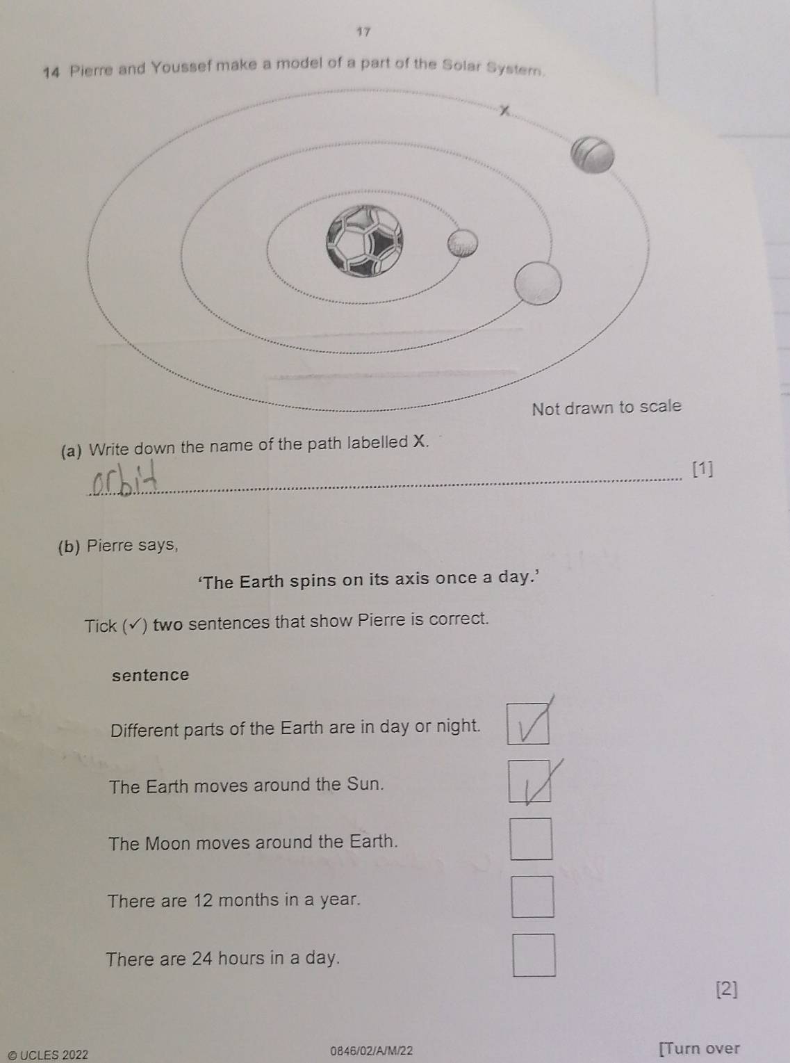 17
14 Pierre and Youssef make a model of a part of the Solar Syster.
(a) Write down the name of the path labelled X.
_
[1]
(b) Pierre says,
‘The Earth spins on its axis once a day.’
Tick ( √) two sentences that show Pierre is correct.
sentence
Different parts of the Earth are in day or night.
The Earth moves around the Sun.
The Moon moves around the Earth.
There are 12 months in a year.
There are 24 hours in a day.
[2]
© UCLES 2022 0846/02/A/M/22 [Turn over