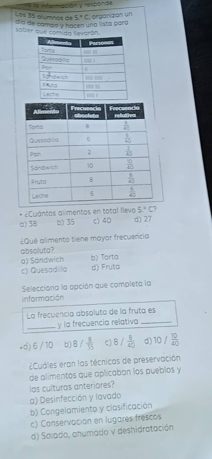 =a la información y responde
Los 35 álumnos de 5°C , organizan un
día de campo y hacen una lista para
saber qué comrán.
¿Cuántos alimentos en total Ilevo 5.^circ C
o) 38 b) 35 c) 40 d) 27
¿Qué alimento tiene mayor frecuencia
absoluta?
a) Sándwich b) Torta
c) Quesadilla d) Fruta
Selecciona la opción que completa la
información
La frecuencia absoluta de la fruta es
_y la frecuencia relativa_
(d) 6 / 10 b) 8/ 8/35  C) 8/ 8/40  d) 10/ 10/40 
¿Cuáles eran las técnicas de preservación
de alimentos que aplicaban los pueblos y
las culturas anteriores?
a) Desinfección y lavado
b) Congelamiento y clasificación
c) Conservación en lugares frescos
d) Saïado, ahumado y deshidratación