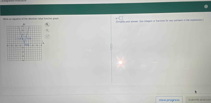 Adaptivo Practieo
White an equation of the absolute value function graph. y=□
(Simplify your answer. Use integers or fractions for any numbers in the expression.)
View progress Submit and cor