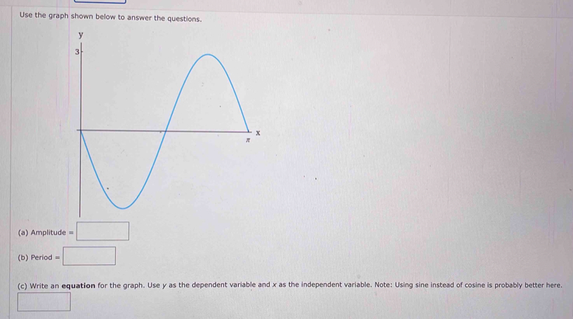 Use the graph shown below to answer the questions. 
(a) Amplitude =□
(b) Period =□
(c) Write an equation for the graph. Use y as the dependent variable and x as the independent variable. Note: Using sine instead of cosine is probably better here. 
□