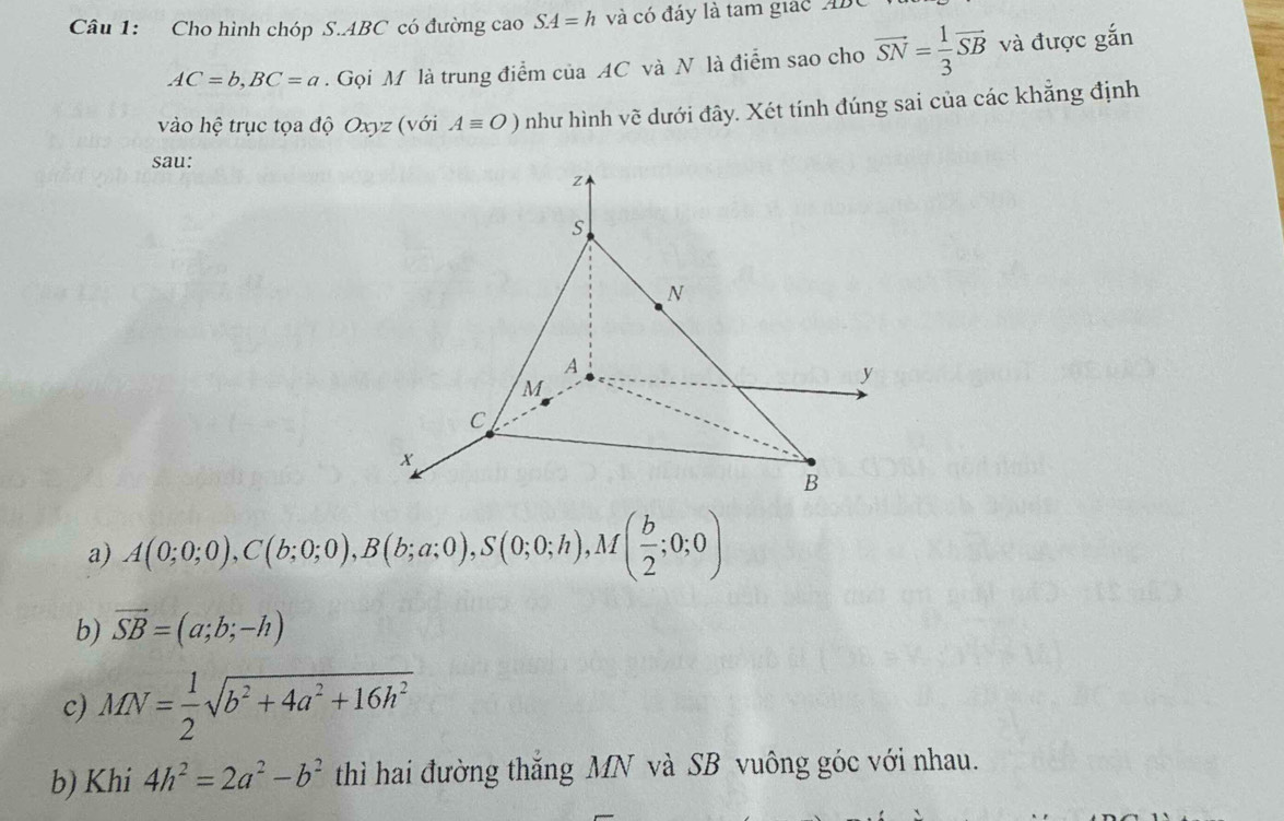 Cho hình chóp S. ABC có đường cao SA=h và có đáy là tam giác ABC
AC=b, BC=a. Gọi M là trung điểm của AC và N là điểm sao cho vector SN= 1/3 vector SB và được gắn
vào hệ trục tọa độ Oxyz (với Aequiv O) như hình vẽ dưới đây. Xét tính đúng sai của các khẳng định
sau:
a) A(0;0;0), C(b;0;0), B(b;a;0), S(0;0;h), M( b/2 ;0;0)
b) vector SB=(a;b;-h)
c) MN= 1/2 sqrt(b^2+4a^2+16h^2)
b) Khi 4h^2=2a^2-b^2 thì hai đường thăng MN và SB vuông góc với nhau.