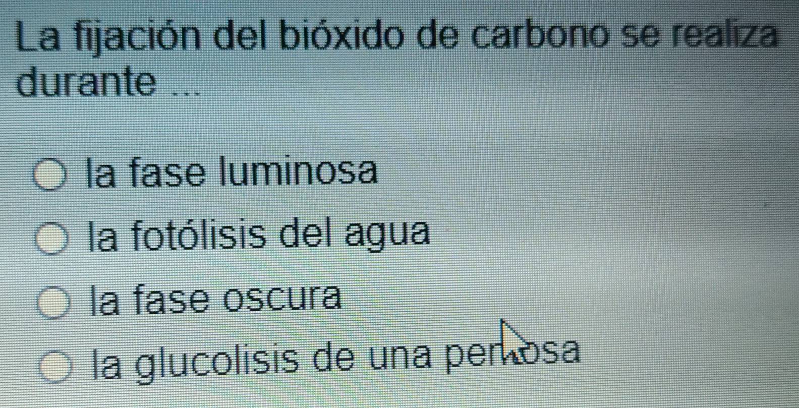 La fijación del bióxido de carbono se realiza
durante ...
la fase luminosa
la fotólisis del agua
la fase oscura
la glucolisis de una per osa