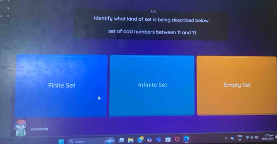 Identify what kind of set is being described below:
set of odd numbers between 11 and 13
Finite Set Infinite Set Empty Set
nocellado
Search