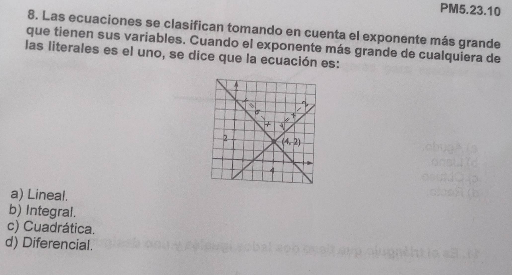 PM5.23.10
8. Las ecuaciones se clasifican tomando en cuenta el exponente más grande
que tienen sus variables. Cuando el exponente más grande de cualquiera de
las literales es el uno, se dice que la ecuación es:
a) Lineal.
b) Integral.
c) Cuadrática.
d) Diferencial.