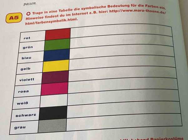 passen. 
Trage in eine Tabelle die symbolische Bedeutung für die Farben ein. 
A5 Hinweise findest du im Internet z.B. hier: http://www.mara-thoene.de/ 
html. 
Banierkostüme