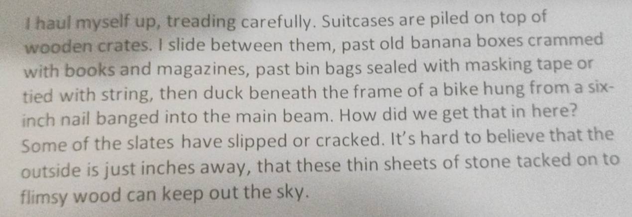 haul myself up, treading carefully. Suitcases are piled on top of 
wooden crates. I slide between them, past old banana boxes crammed 
with books and magazines, past bin bags sealed with masking tape or 
tied with string, then duck beneath the frame of a bike hung from a six-
inch nail banged into the main beam. How did we get that in here? 
Some of the slates have slipped or cracked. It's hard to believe that the 
outside is just inches away, that these thin sheets of stone tacked on to 
flimsy wood can keep out the sky.
