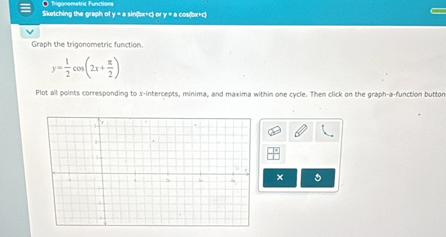 Trigonometric Functions 
Sketching the graph of y = a sin(bx+c) or y = a cos(bx+c)
Graph the trigonometric function.
y= 1/2 cos (2x+ π /2 )
Plot all points corresponding to x-intercepts, minima, and maxima within one cycle. Then click on the graph-a-function button 
×