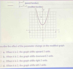 y=x^3 (parent function)
_ y=x^3+2 (modified function)
escribe the effect of the parameter change on the modified graph.
a. When k is 2, the graph shifts upward 2 units.
b. When k is 2, the graph shifts downward 2 units.
c. When k is 2, the graph shifts right 2 units.
d. When k is 2, the graph shifts left 2 units.