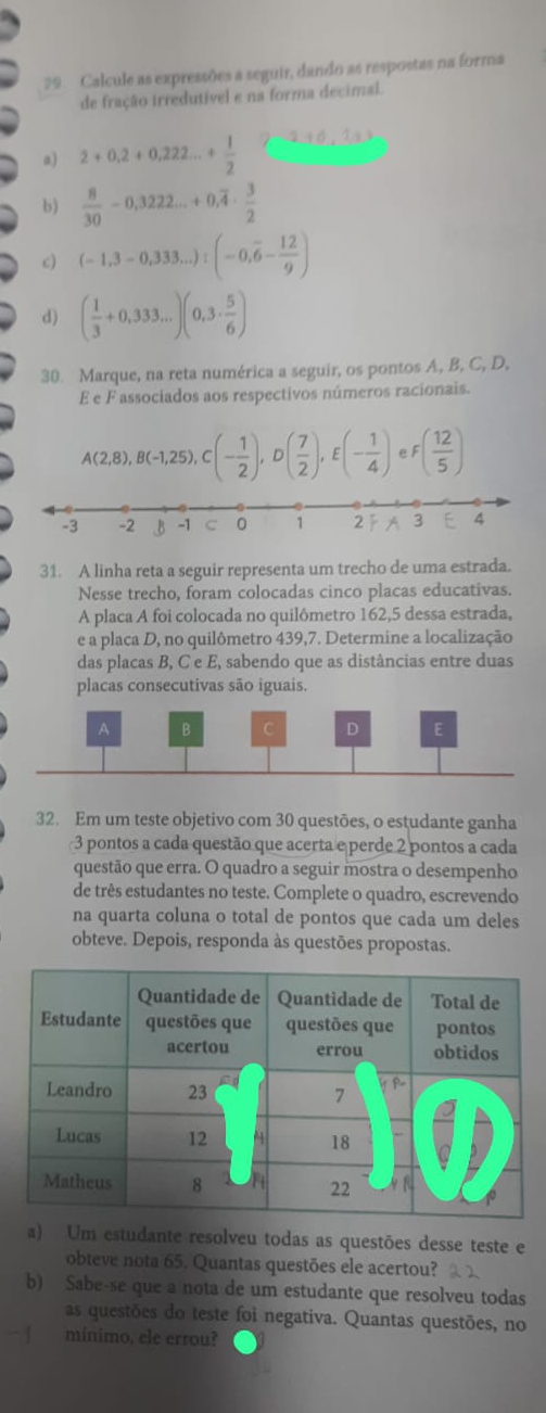 Calcule as expressões a seguir, dando as respostas na forma
de fração irredutível e na forma decimal.
a) 2+0.2+0.222...+ 1/2 
b)  8/30 -0,3222...+0,overline 4·  3/2 
c) (-1,3-0,333...):(-0,overline 6- 12/9 )
d) ( 1/3 +0,333...)(0,3·  5/6 )
30. Marque, na reta numérica a seguir, os pontos A, B, C, D,
E e F associados aos respectivos números racionais.
A(2,8),B(-1,25),C :(- 1/2 ) ( 7/2 ) (- 1/4 ) ρ f( 12/5 )
31. A linha reta a seguir representa um trecho de uma estrada.
Nesse trecho, foram colocadas cinco placas educativas.
A placa A foi colocada no quilômetro 162,5 dessa estrada,
e a placa D, no quilômetro 439,7. Determine a localização
das placas B, C e E, sabendo que as distâncias entre duas
placas consecutivas são iguais.
32. Em um teste objetivo com 30 questões, o estudante ganha
3 pontos a cada questão que acerta e perde 2 pontos a cada
questão que erra. O quadro a seguir mostra o desempenho
de três estudantes no teste. Complete o quadro, escrevendo
na quarta coluna o total de pontos que cada um deles
obteve. Depois, responda às questões propostas.
a) Um estudante resolveu todas as questões desse teste e
obteve nota 65. Quantas questões ele acertou?
b) Sabe-se que a nota de um estudante que resolveu todas
as questões do teste foi negativa. Quantas questões, no
mínimo, ele errou?