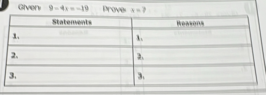 a Given: 9=4x==19 prove: x=3