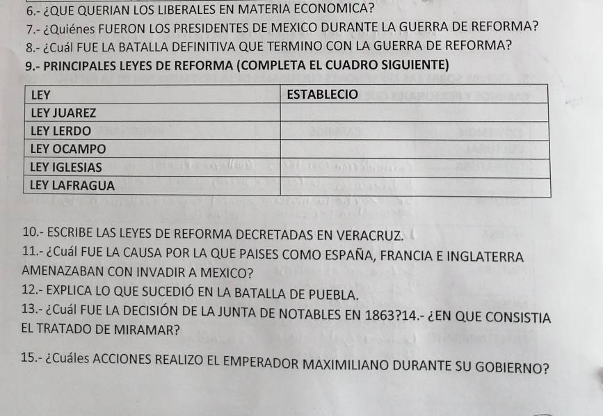 6.- ¿QUE QUERIAN LOS LIBERALES EN MATERIA ECONOMICA? 
7.- ¿Quiènes FUERON LOS PRESIDENTES DE MEXICO DURANTE LA GUERRA DE REFORMA? 
8.- ¿CuáI FUE LA BATALLA DEFINITIVA QUE TERMINO CON LA GUERRA DE REFORMA? 
9.- PRINCIPALES LEYES DE REFORMA (COMPLETA EL CUADRO SIGUIENTE) 
10.- ESCRIBE LAS LEYES DE REFORMA DECRETADAS EN VERACRUZ. 
11.- ¿Cuál FUE LA CAUSA POR LA QUE PAISES COMO ESPAÑA, FRANCIA E INGLATERRA 
AMENAZABAN CON INVADIR A MEXICO? 
12.- EXPLICA LO QUE SUCEDIÓ EN LA BATALLA DE PUEBLA. 
13.- ¿Cuál FUE LA DECISIÓN DE LA JUNTA DE NOTABLES EN 1863?14.- ¿EN QUE CONSISTIA 
EL TRATADO DE MIRAMAR? 
15.- ¿Cuáles ACCIONES REALIZO EL EMPERADOR MAXIMILIANO DURANTE SU GOBIERNO?