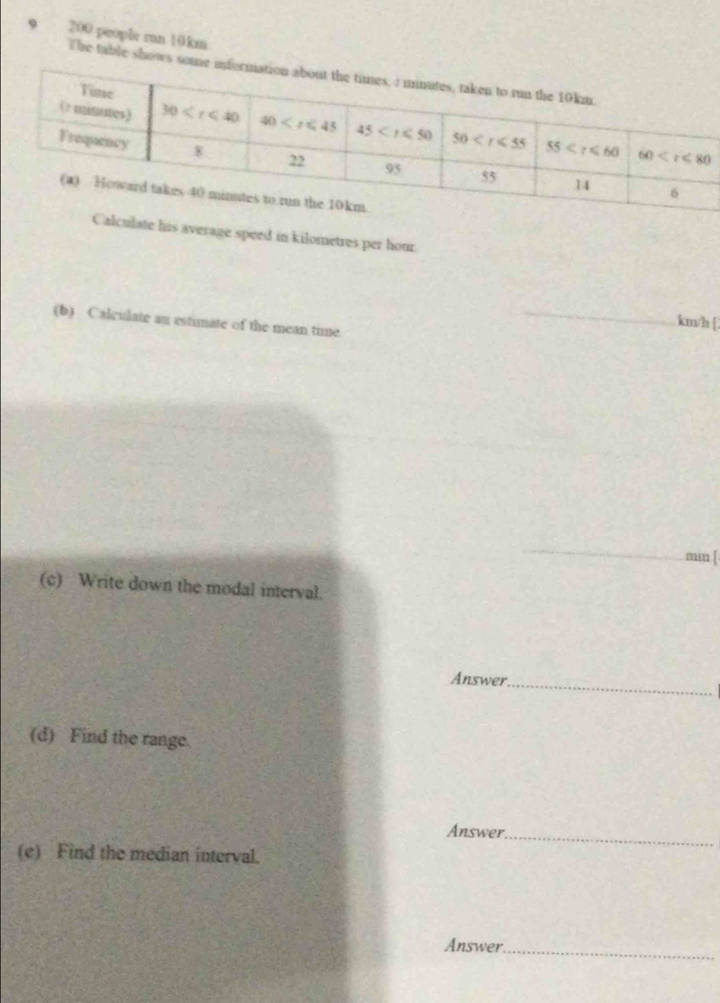 200 people rn 10km
The table shows 
te his average speed in kilometres per hour
(b) Calculate an estimate of the mean time.
_km/h [
_
min [
(c) Write down the modal interval.
Answer_
(d) Find the range.
Answer_
(e) Find the median interval.
Answer_