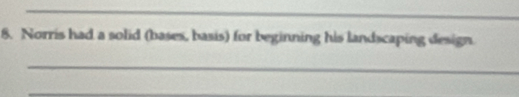 Norris had a solid (bases, basis) for beginning his landscaping design. 
_ 
_