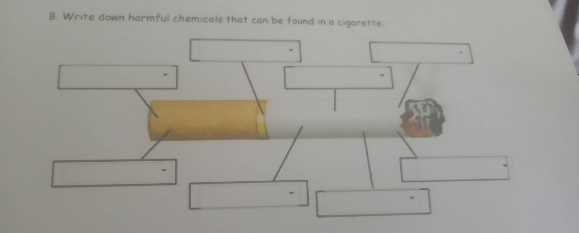 Write down harmful chemicals that can be found in a cigarette: