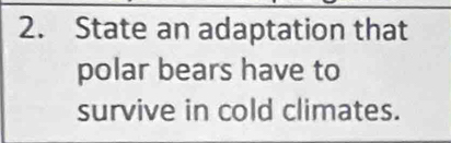 State an adaptation that 
polar bears have to 
survive in cold climates.