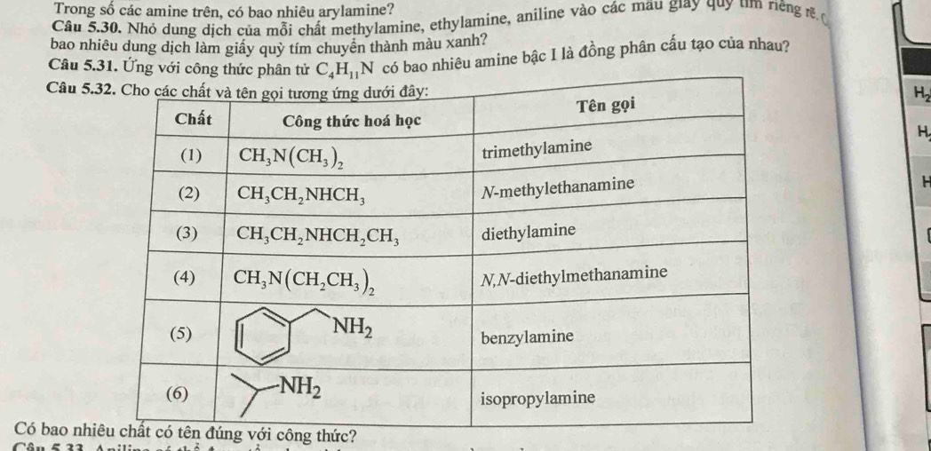 Trong số các amine trên, có bao nhiêu arylamine?
Câu 5.30. Nhỏ dung dịch của mỗi chất methylamine, ethylamine, aniline vào các mau giay quy tìm riếng r 
bao nhiêu dung dịch làm giấy quỷ tím chuyên thành màu xanh?
Câu 5.31. Ứng với công thức phân tử C_4H_11N có bao nhiêu amine bậc I là đồng phân cấu tạo của nhau?
Câu 5. H_2
H.
H
Có bao nhihất có tên đúng với công thức?