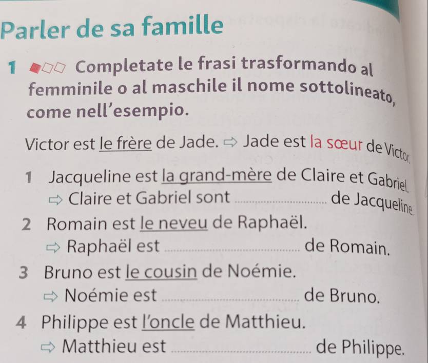 Parler de sa famille 
1 Completate le frasi trasformando al 
femminile o al maschile il nome sottolineato, 
come nell’esempio. 
Victor est le frère de Jade. → Jade est la sœur de Victor 
1 Jacqueline est la grand-mère de Claire et Gabriel. 
Claire et Gabriel sont_ 
de Jacqueline 
2 Romain est le neveu de Raphaël. 
Raphaël est _de Romain. 
3 Bruno est le cousin de Noémie. 
Noémie est _de Bruno. 
4 Philippe est l'oncle de Matthieu. 
Matthieu est _de Philippe.