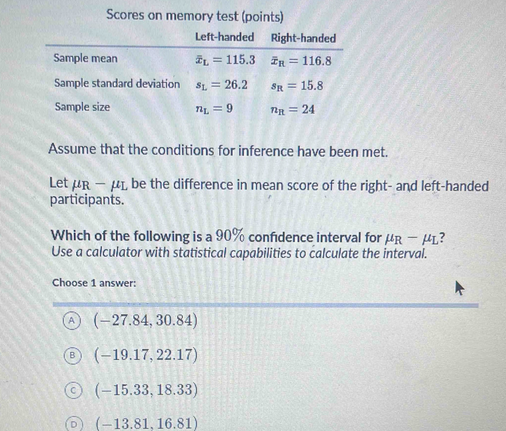 Solved: Scores on memory test (points) Assume that the conditions for ...