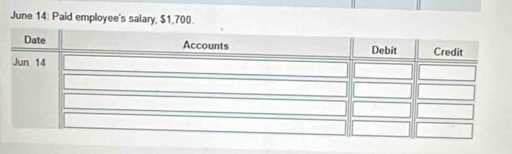 June 14: Paid employee's salary, $1,700.