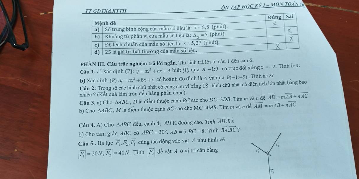 TT GDTX&KTTH ÔN tập học Kỳ I - MôN toán 10
PHÀN III. Câu trắc nghiệm trả lời ngắn. Thí sinh trả lời từ câu 1 đến câu 6.
Câu 1. a) Xác định (P): y=ax^2+bx+3 biết (P) qua A-1;9 có trục đối xứng x=-2 Tính b-a:
b) Xác định (P):y=ax^2+8x+c có hoành độ đỉnh là 4 và qua B(-1;-9). Tính a+2c
Câu 2: Trong số các hình chữ nhật có cùng chu vi bằng 18, hình chữ nhật có diện tích lớn nhất bằng bao
nhiêu ? (Kết quả làm tròn đến hàng phần chục).
Câu 3. a) Cho △ ABC , D là điểm thuộc cạnh BC sao cho DC=3DB. Tìm m và n đề vector AD=mvector AB+nvector AC
b) Cho △ ABC , M là điểm thuộc cạnh BC sao cho MC=4MB. Tìm m và n đề overline AM=moverline AB+noverline AC
Câu 4. A) Cho △ ABC đều, cạnh 4, AH là đường cao. Tính vector AH.vector BA
b) Cho tam giác ABC có ABC=30°.AB=5,BC=8. Tính vector BA.vector BC ?
Câu 5 . Ba lực vector F_1,vector F_2,vector F_3 cùng tác động vào vật A như hình vẽ
vector F_2
|vector F_1|=20N,|vector F_2|=40N. Tính |overline F_2| để vật A ở vị trí cân bằng . vector F_1
A
vector F_3