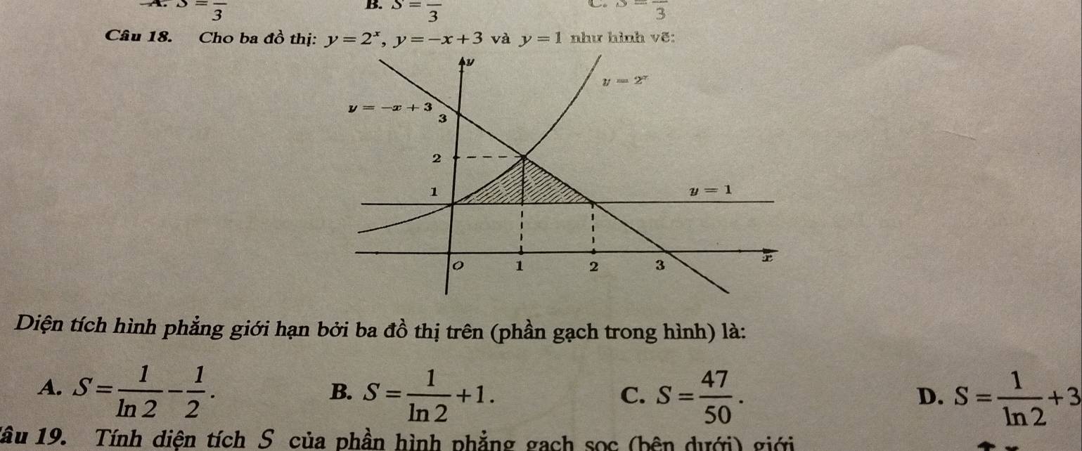 S=frac 3 S=frac 3
B. S=frac 3
C
Câu 18. Cho ba đồ thị: y=2^x,y=-x+3 và y=1 như hình vẽ:
Diện tích hình phẳng giới hạn bởi ba đồ thị trên (phần gạch trong hình) là:
A. S= 1/ln 2 - 1/2 . S= 1/ln 2 +1. S= 47/50 .
B.
C.
D. S= 1/ln 2 +3
lâu 19. Tính diên tích S của phần hình phẳng gach sọc (bên dưới) giới