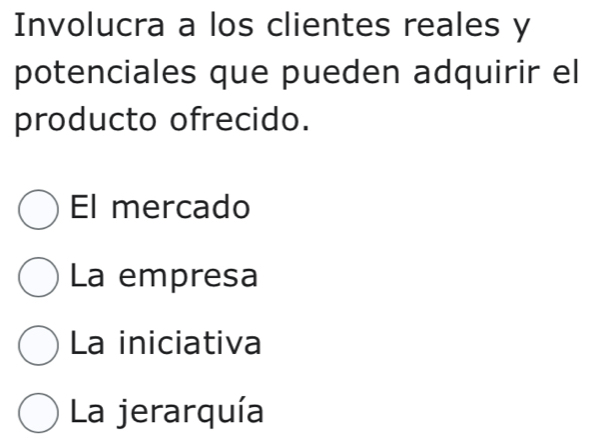 Involucra a los clientes reales y
potenciales que pueden adquirir el
producto ofrecido.
El mercado
La empresa
La iniciativa
La jerarquía