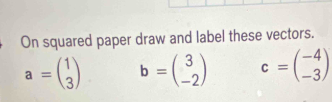 On squared paper draw and label these vectors.
a=beginpmatrix 1 3endpmatrix
b=beginpmatrix 3 -2endpmatrix c=beginpmatrix -4 -3endpmatrix