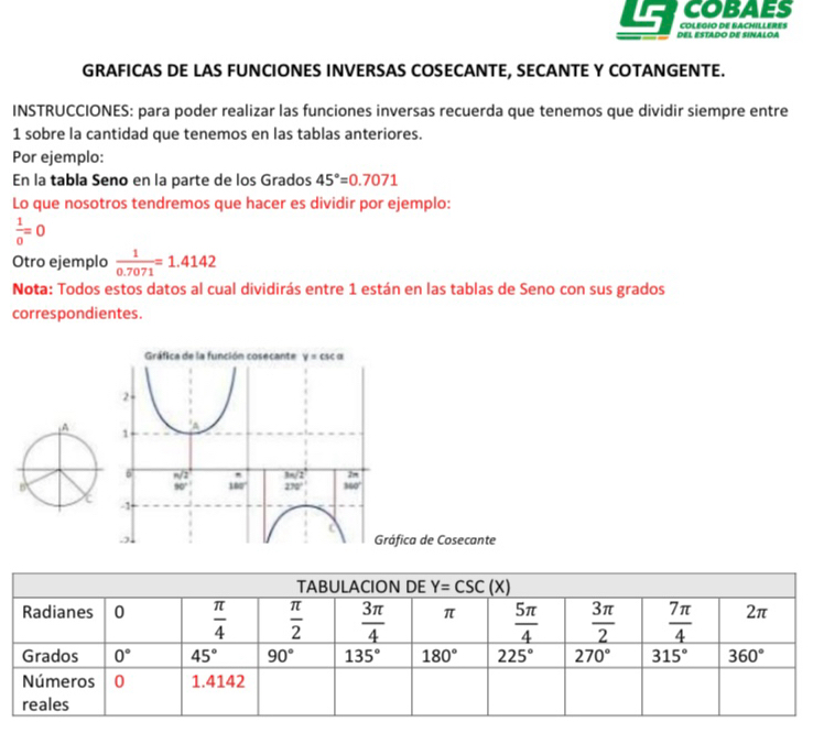 CoBaes
45 COLEGIO DE BACHILLERES
DEL ESTADO DE SINALOA
GRAFICAS DE LAS FUNCIONES INVERSAS COSECANTE, SECANTE Y COTANGENTE.
INSTRUCCIONES: para poder realizar las funciones inversas recuerda que tenemos que dividir siempre entre
1 sobre la cantidad que tenemos en las tablas anteriores.
Por ejemplo:
En la tabla Seno en la parte de los Grados 45°=0.7071
Lo que nosotros tendremos que hacer es dividir por ejemplo:
 1/0 =0
Otro ejemplo  1/0.7071 =1.4142
Nota: Todos estos datos al cual dividirás entre 1 están en las tablas de Seno con sus grados
correspondientes.
áfica de Cosecante