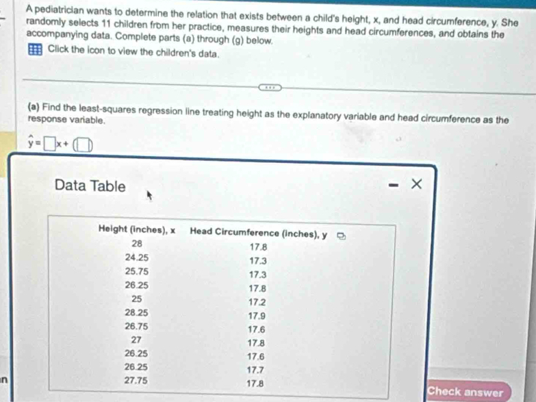 A pediatrician wants to determine the relation that exists between a child's height, x, and head circumference, y. She 
randomly selects 11 children from her practice, measures their heights and head circumferences, and obtains the 
accompanying data. Complete parts (a) through (g) below. 
Click the icon to view the children's data. 
(a) Find the least-squares regression line treating height as the explanatory variable and head circumference as the 
response variable.
hat y=□ x+(□ )
Data Table × 
nCheck answer