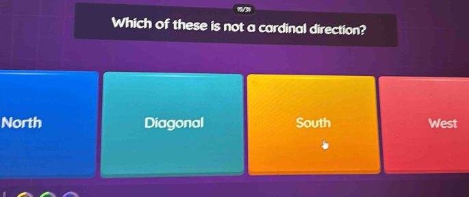 15/3
Which of these is not a cardinal direction?
North Diagonal South West