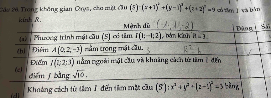 Trong không gian Oxyz , cho mặt cầu (S):(x+1)^2+(y-1)^2+(z+2)^2=9 có tâm I và bán
ai
(d)