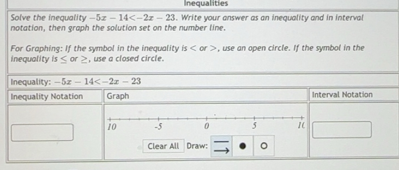 Solved: Inequalities Solve the inequality -5x-14 . Write your answer as ...