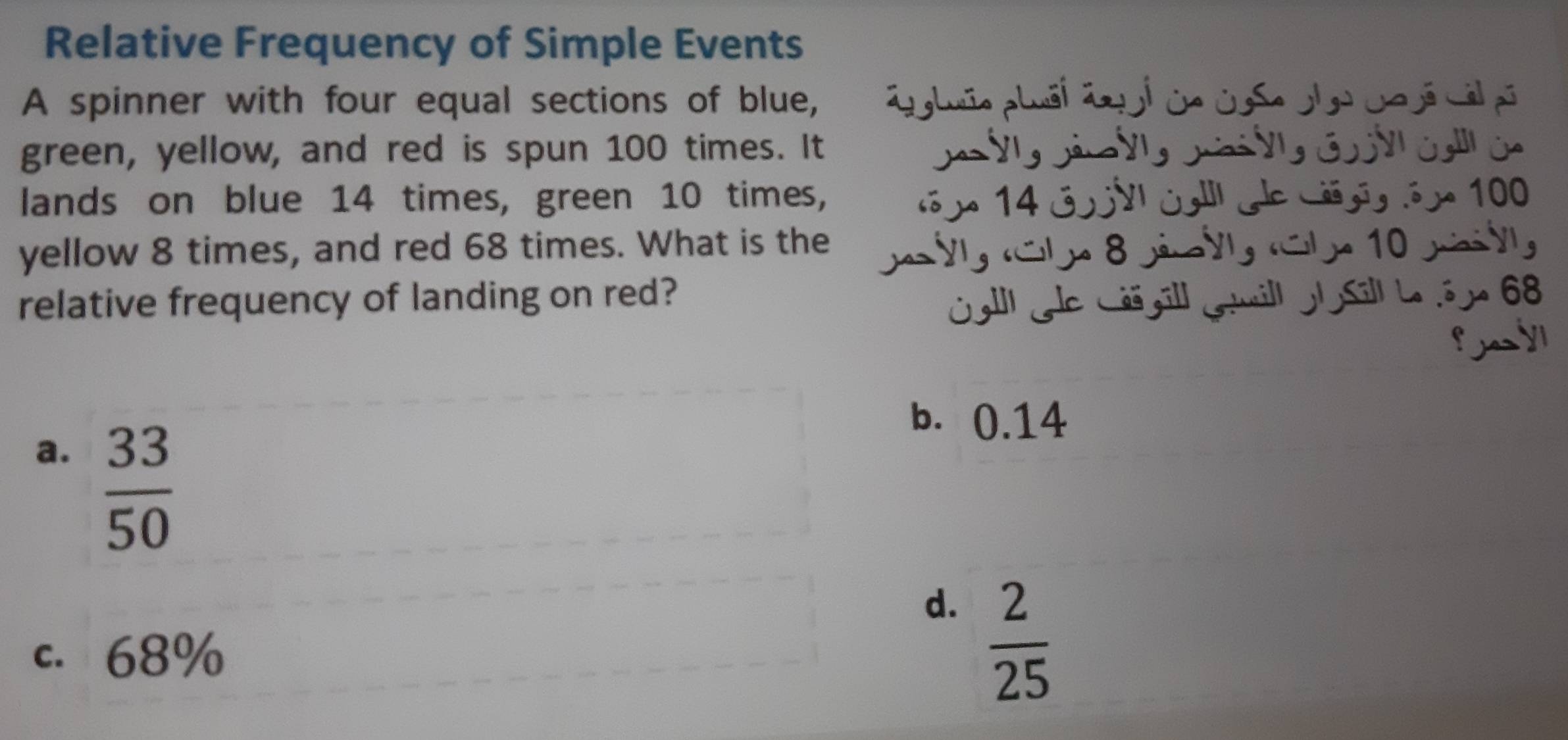 Relative Frequency of Simple Events
A spinner with four equal sections of blue, Gggluio luöl ärt l üe OoSe g go Jo jã cilpi
green, yellow, and red is spun 100 times. It
lands on blue 14 times, green 10 times, c n 14 GjV Goll de Lgg ón 100
yellow 8 times, and red 68 times. What is the Je ó g (ü ye 8 gis ólg (ü je 10 gài y
relative frequency of landing on red?
Öglll Ale Lésgill Gémill J Sill Le .5p 68
fay
a.  33/50 
b. 0.14
d.  2/25 
c. 68%