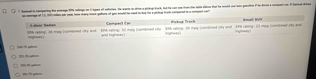 Samuel is comparing the average EPA ratings on 4 types of vehicles. He wants to drive a pickup truck, but he can see from the table below that he would use less gasoline if he drove a compact car. If Samuel drives
ld he need to buy for a pickup truck compared to a compact car?
243.75 gallons
221.25 gallons
250.25 gallono
261.T5 gallona