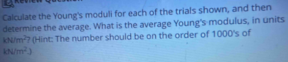 Solved: Calculate the Young's moduli for each of the trials shown, and ...