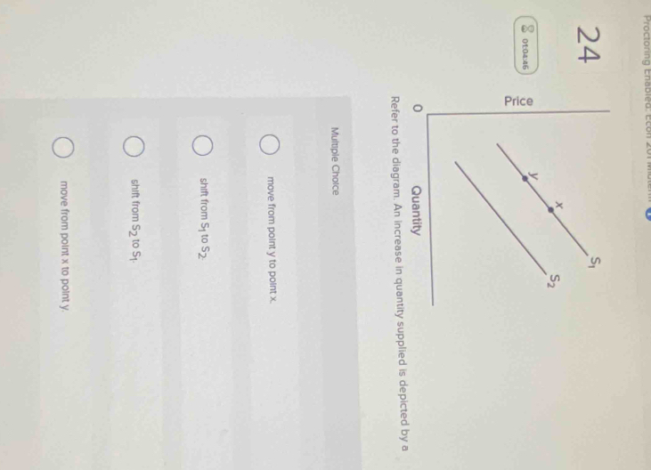 Proctoring Enabled: Econ 2011
24
01:04:46
Refer to the diagram. An increase in quantity supplied is depicted by a
Multiple Choice
move from point y to point x.
shift from s_1 to s_2
shift from S_2toS_1
move from point x to point y.