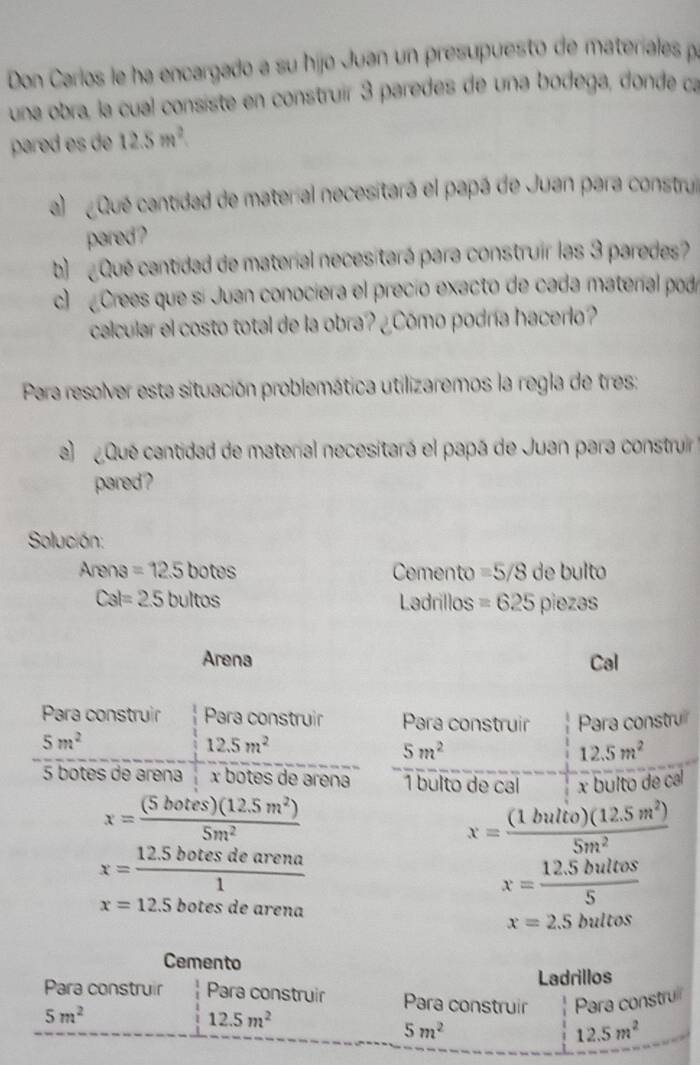 Don Carlos le ha encargado a su hijo Juan un presupuesto de materiales pá
una obra, la cual consiste en construir 3 paredes de una bodega, donde ca
pared es de 12.5m^2.
al  Qué cantidad de material necesitará el papá de Juan para construl
pared ?
b ¿ Qué cantidad de material necesitará para construir las 3 paredes?
c) Crees que si Juan conociera el precío exacto de cada material pod
calcular el costo total de la obra? ¿Cómo podría hacerlo?
Para resolver esta situación problemática utilizaremos la regla de tres:
l  Qué cantidad de material necesitará el papá de Juan para construir 
pared?
Solución:
Arens=12.5botes Cemento =5/8 de bulto
Cal=2.5bultos Ladrillos =625 piezas
Arena Cal
Para construir Para construir Para construir Para constru
5m^2
12.5m^2
5m^2
12.5m^2
5 botes de arena x botes de arena 1 bulto de cal x bulto de cal
x= ((5botes)(12.5m^2))/5m^2 
x= ((1bulto)(12.5m^2))/5m^2 
x= (12.5botesdearena)/1 
x=12.5 botes de arena
x= (12.5bultos)/5 
x=2.5bultos