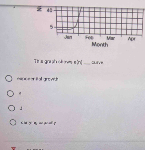 Month
This graph shows a(n) _curve.
exponential growth
s
J
carrying capacity