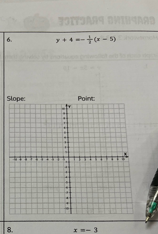 y+4=- 1/2 (x-5)
Slope: Point: 
8.
x=-3