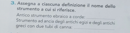 Assegna a ciascuna definizione il nome dello 
strumento a cui si riferisce. 
Antico strumento ebraico a corde: 
_ 
Strumento ad ancia degli antichi egizi e degli antichi 
greci con due tubi di canna: 
_